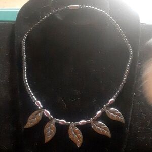 Hematite Leaf Pendant Beaded Necklace